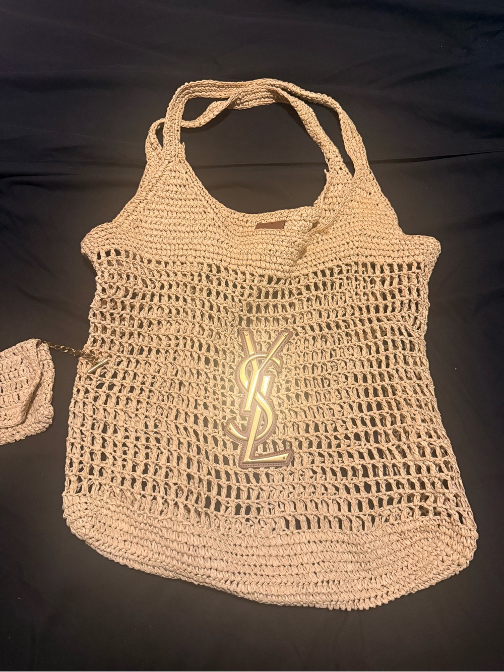 Yves Saint Laurent Beige Crochet Shoulder Bag with Gold YSL Logo